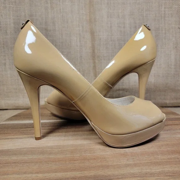 Michael Kors Peep Toe Platform Heels Nude Patent Leather Pumps Women's 9M - Picture 7 of 11
